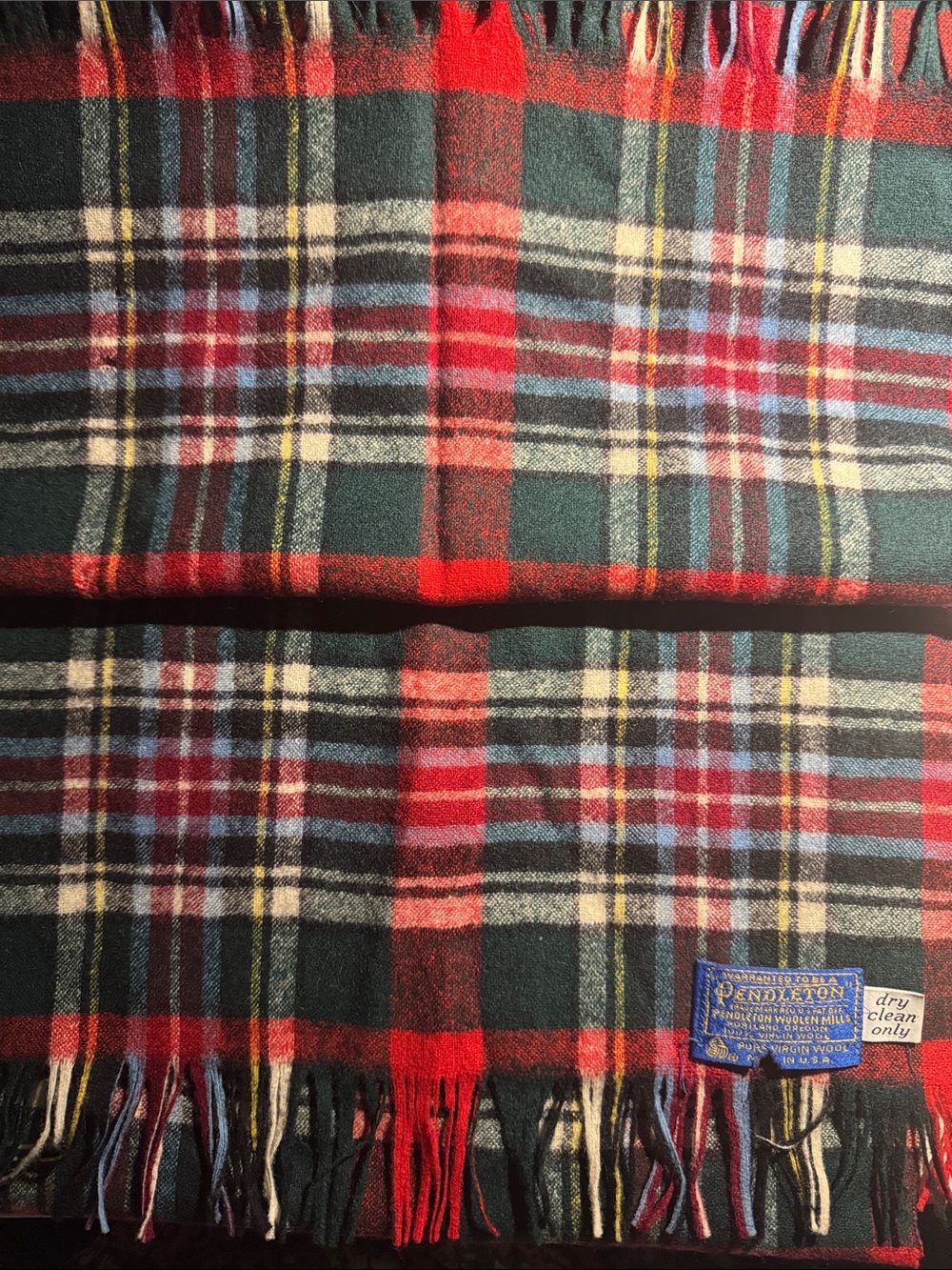 VTG Pendleton Green, Red & Cream Plaid 100% Wool Scarf, Made in USA